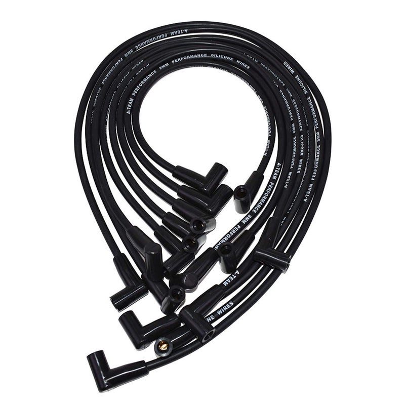 A-Team Performance Spark Plug Wire Set - Black 90-Degree Boot - High-Temp Heavy Duty - 8.0mm Silicone Insulation & Plug Wire - Compatible with SBC Small Block Chevy & GMC HEI 283-400 - Image 1